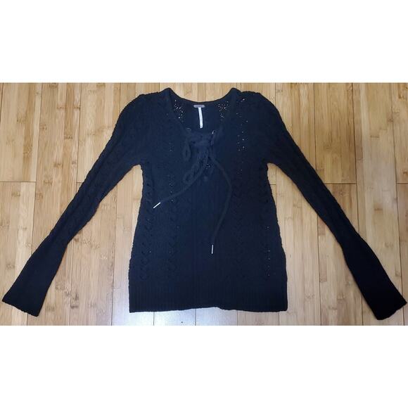 Free People Ginger Lace Up Criss Cross Sweater Top Black Womens XS Knit Crochet - Picture 1 of 9